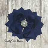 Classic Navy Hair Bow with Pearl Center