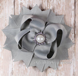 Classic Gray Hair Bow with Pearl Center