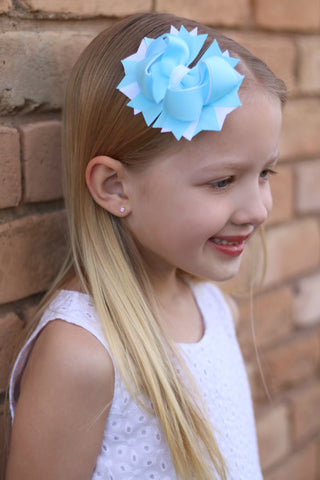 Light Blue Boutique Hair Bow with Pearl Center
