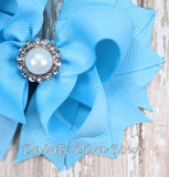 Light Blue Boutique Hair Bow with Pearl Center