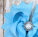 Light Blue Boutique Hair Bow with Pearl Center