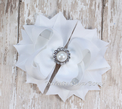 White Classic Hair Bow with Pearl Center