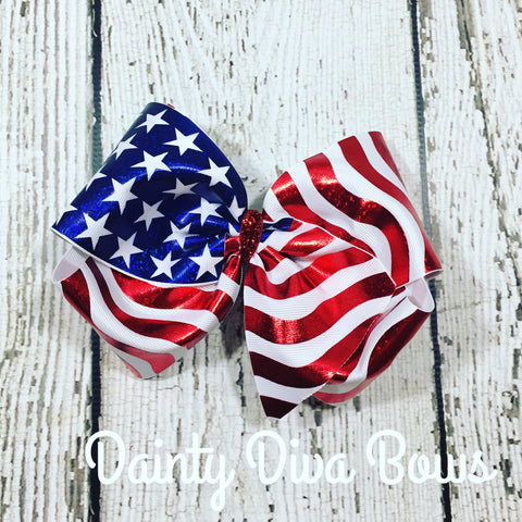 Patriotic Flag Hair Bow - XL Size - 6 Inches