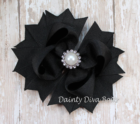 Classic Black Hair Bow with Pearl Center