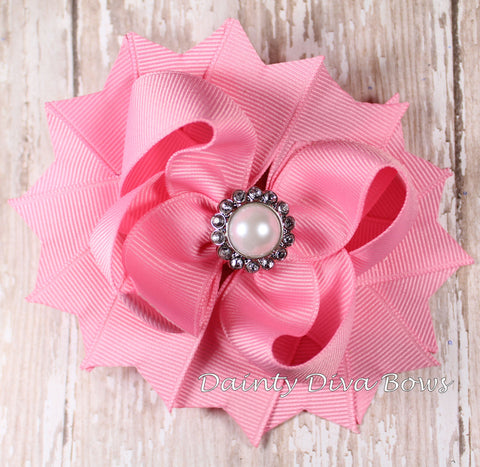 Pink Classic Hair Bow with Pearl Center