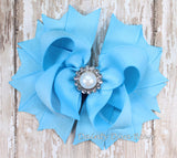 Light Blue Boutique Hair Bow with Pearl Center